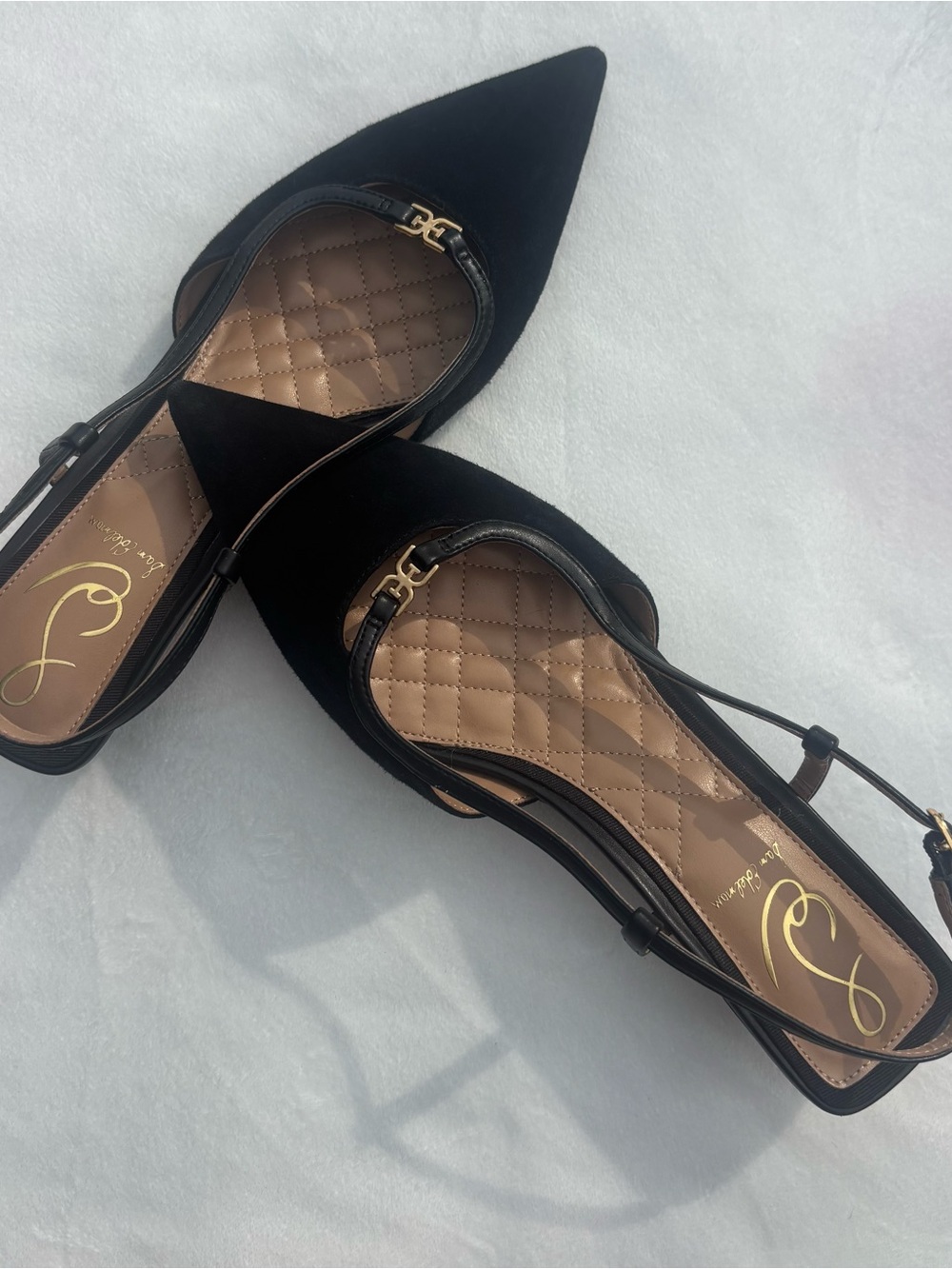 Sam Edelman Black Suede Pointed-Toe Quilted Insole Slingback Kitten Heels ‘Toni’